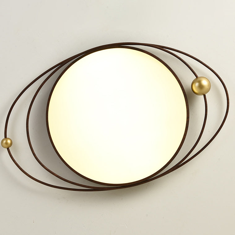 Traditional Chinese Round Wood Grain Iron Acrylic Flush Mount Ceiling Light For Bedroom