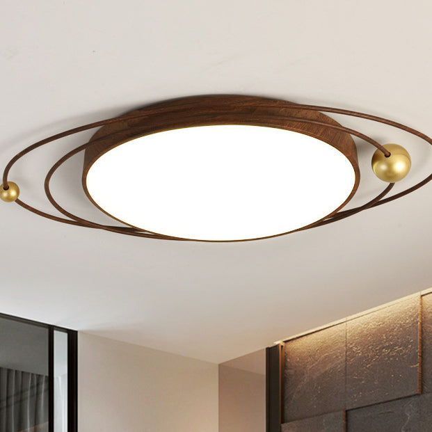 Traditional Chinese Round Wood Grain Iron Acrylic Flush Mount Ceiling Light For Bedroom
