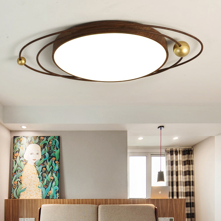 Traditional Chinese Round Wood Grain Iron Acrylic Flush Mount Ceiling Light For Bedroom