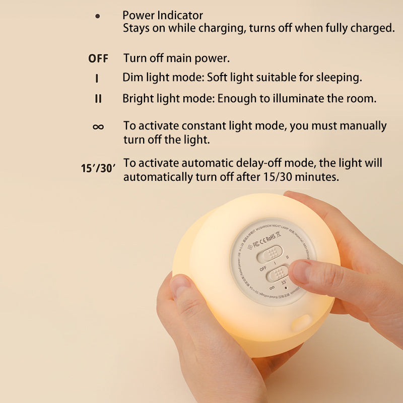 Lámpara de mesa LED recargable por USB para niños con forma de hongo, de ABS y silicona, luz nocturna con función de temporizador para dormitorio 
