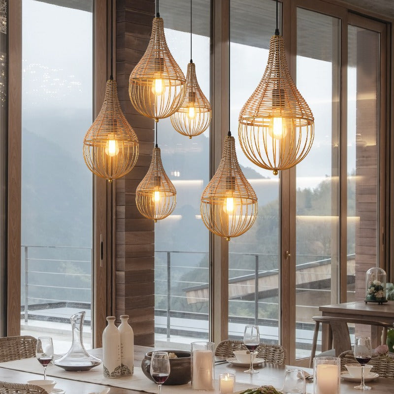 Moderne minimalistische Metall-Rattan-Tropfenform 1-Licht-Pendelleuchte für das Esszimmer 