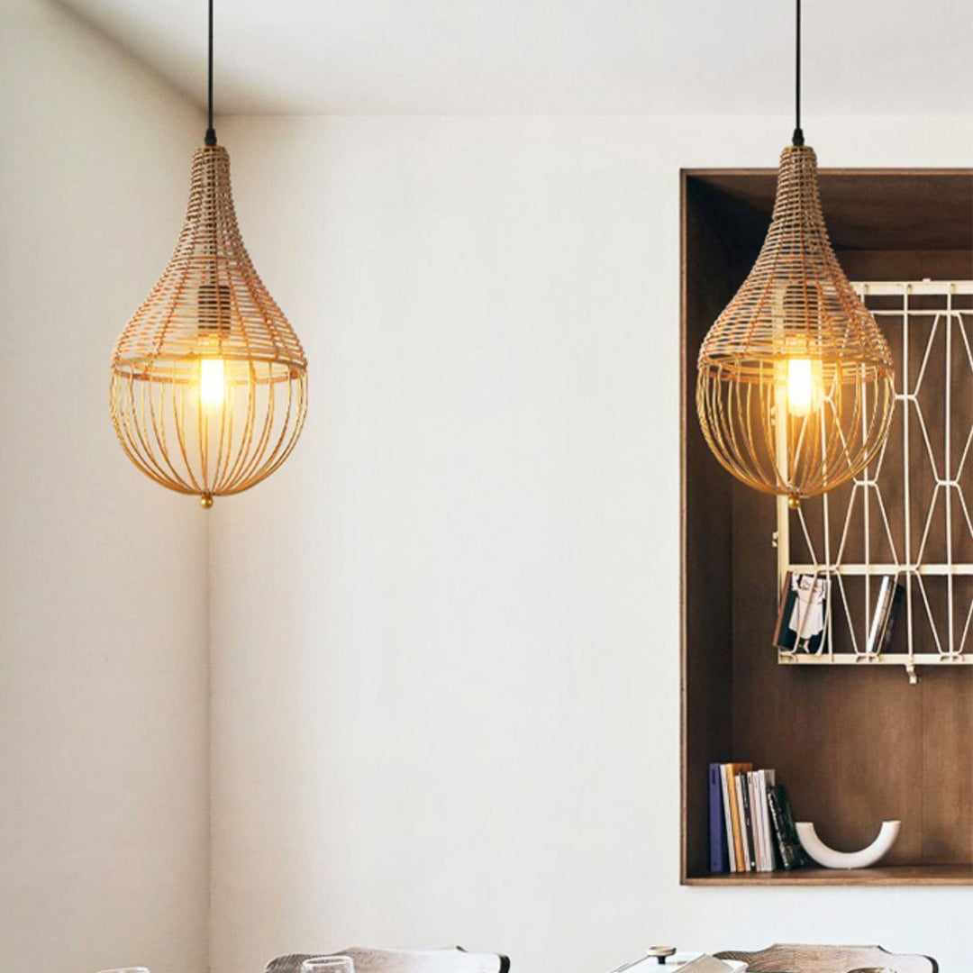 Lustre suspendu moderne minimaliste en métal et rotin en forme de goutte d&