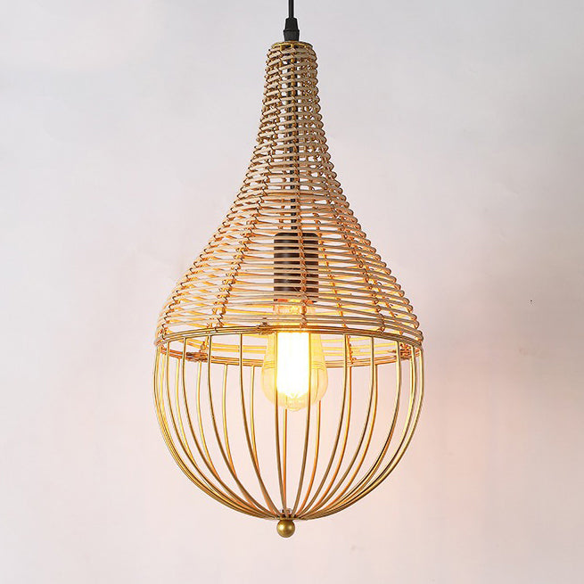 Lustre suspendu moderne minimaliste en métal et rotin en forme de goutte d&