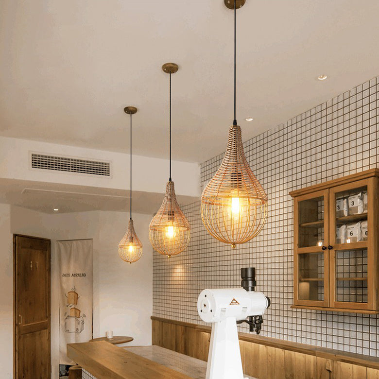 Lustre suspendu moderne minimaliste en métal et rotin en forme de goutte d&