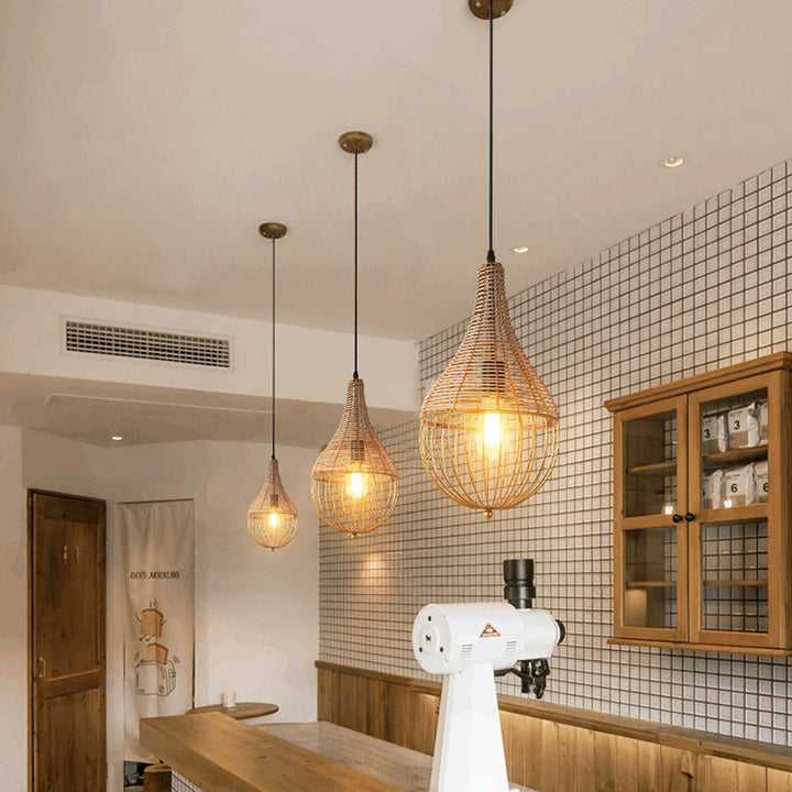 Lustre suspendu moderne minimaliste en métal et rotin en forme de goutte d&