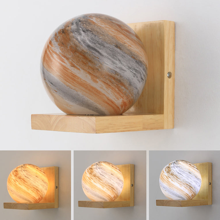 Traditional Japanese Planet Wood Glass 1-Light Wall Sconce Lamp For Bedroom