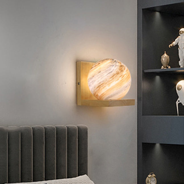 Traditionelle japanische Planet Holz Glas 1-Licht Wandlampe für Schlafzimmer 