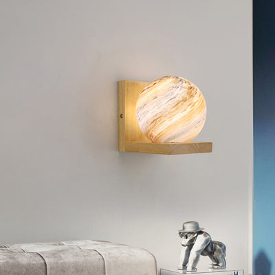 Traditionelle japanische Planet Holz Glas 1-Licht Wandlampe für Schlafzimmer 