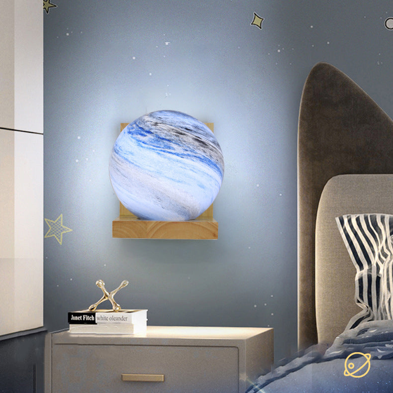 Traditionelle japanische Planet Holz Glas 1-Licht Wandlampe für Schlafzimmer 
