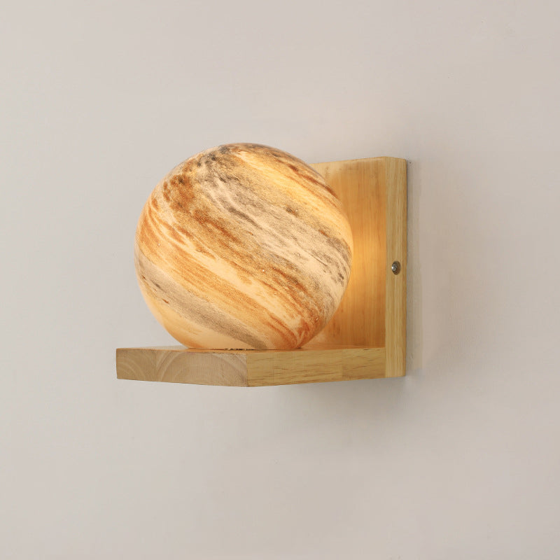 Traditional Japanese Planet Wood Glass 1-Light Wall Sconce Lamp For Bedroom