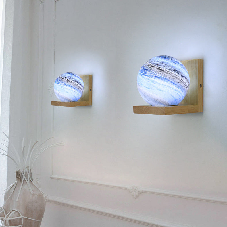 Traditionelle japanische Planet Holz Glas 1-Licht Wandlampe für Schlafzimmer 