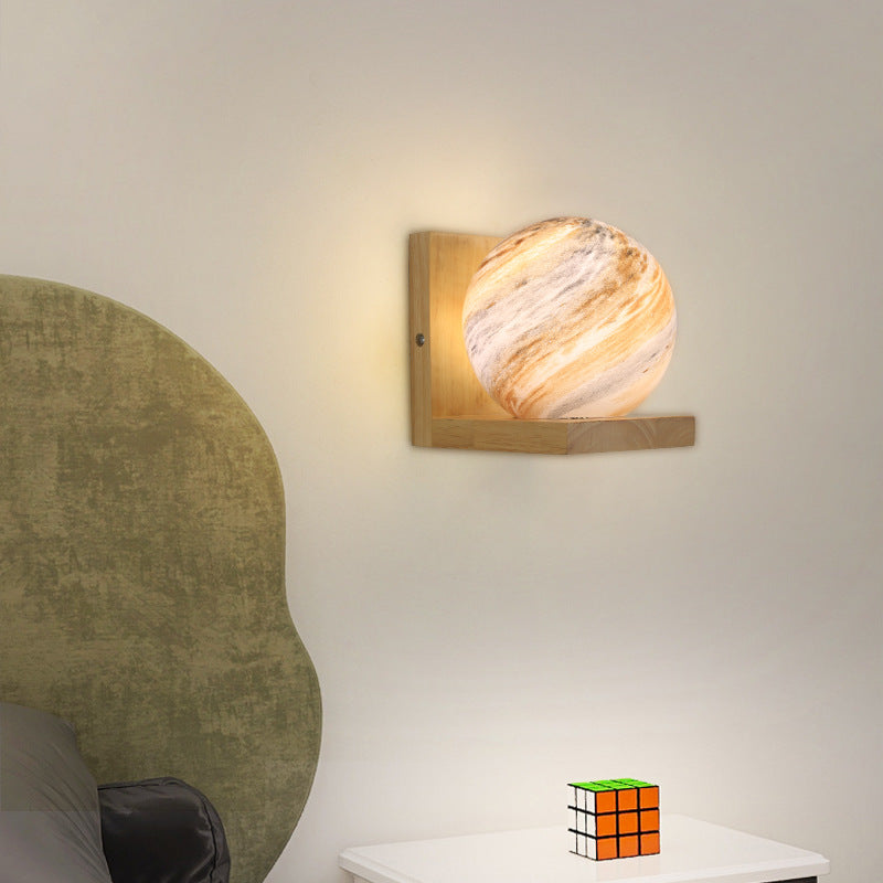 Traditionelle japanische Planet Holz Glas 1-Licht Wandlampe für Schlafzimmer 
