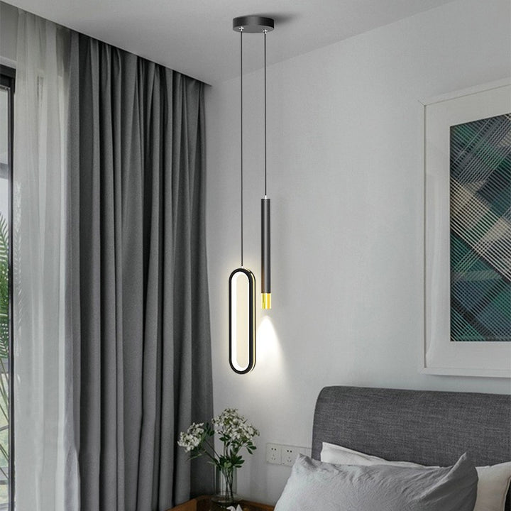 Moderna lámpara colgante minimalista elíptica de hierro, aluminio y acrílico LED para dormitorio 