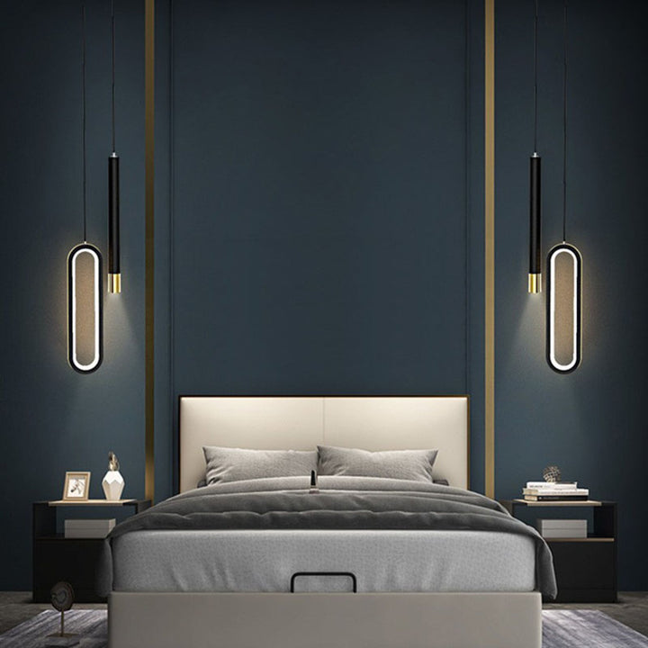 Moderna lámpara colgante minimalista elíptica de hierro, aluminio y acrílico LED para dormitorio 