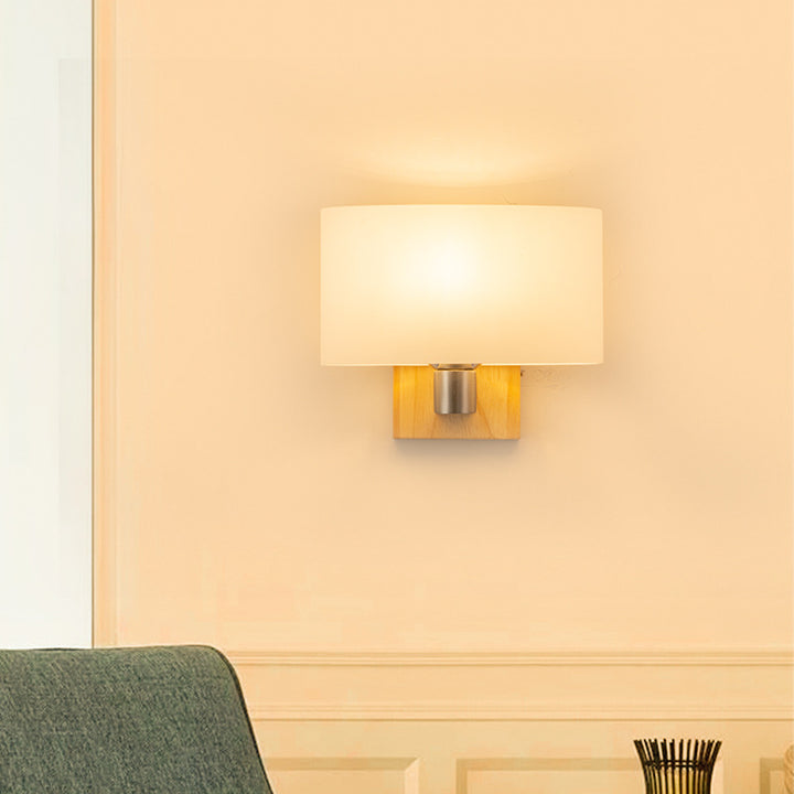 Zeitgenössische nordische rechteckige Holz-Glas 1-Licht Wandleuchte für das Schlafzimmer 