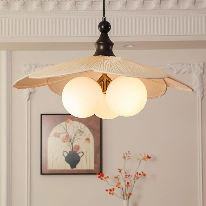 Traditional Vintage Bean Metal Ash Wood Glass Fabric 3-Light Chandelier For Dining Room