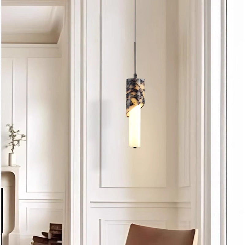 Modern Luxury Columnar Metal Marble Glass LED Pendant Light For Bedroom