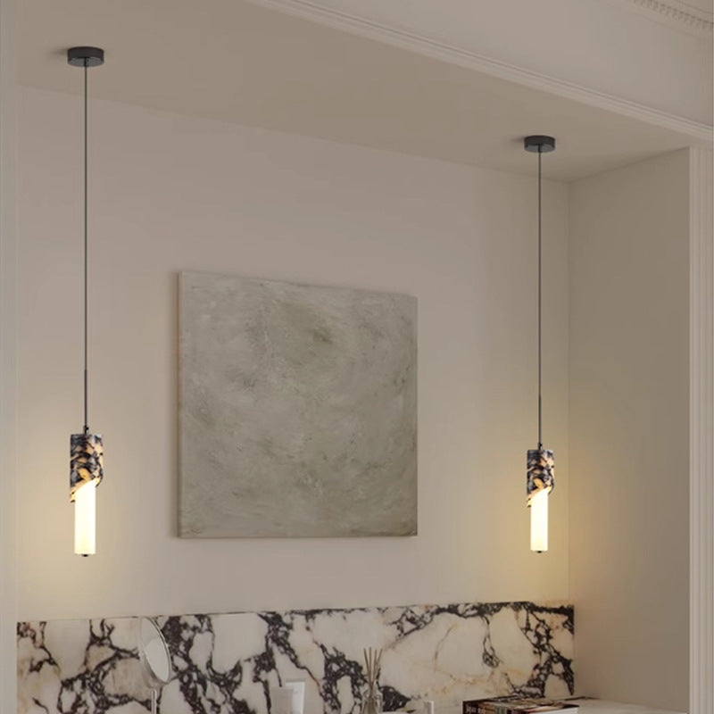 Modern Luxury Columnar Metal Marble Glass LED Pendant Light For Bedroom