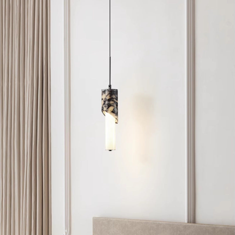 Modern Luxury Columnar Metal Marble Glass LED Pendant Light For Bedroom