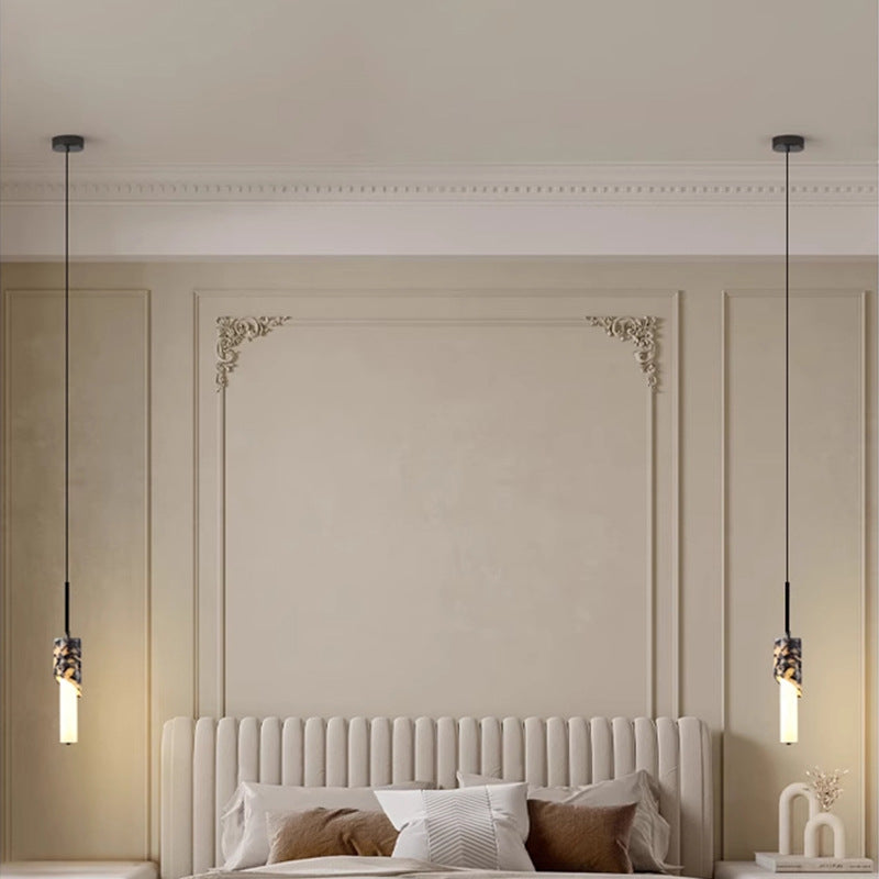 Modern Luxury Columnar Metal Marble Glass LED Pendant Light For Bedroom