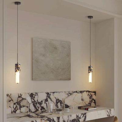 Modern Luxury Columnar Metal Marble Glass LED Pendant Light For Bedroom