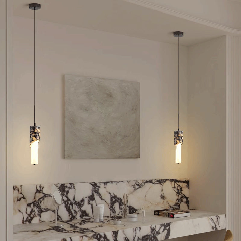 Modern Luxury Columnar Metal Marble Glass LED Pendant Light For Bedroom