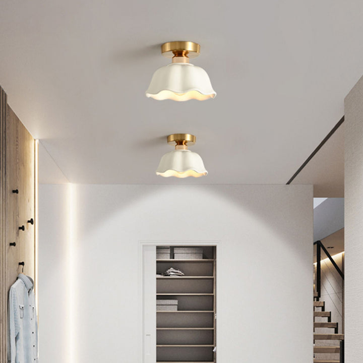 Contemporary Nordic Flower Iron Glass Ceramic 1-Light Semi-Flush Mount Ceiling Light For Entryway