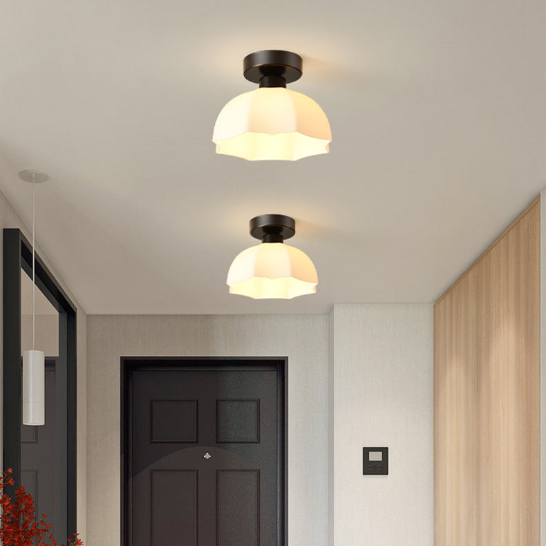 Contemporary Nordic Flower Iron Glass Ceramic 1-Light Semi-Flush Mount Ceiling Light For Entryway