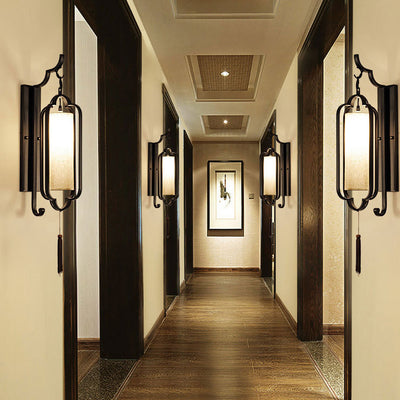 Traditional Chinese Strip Iron Fabric 1-Light Wall Sconce Lamp For Bedroom