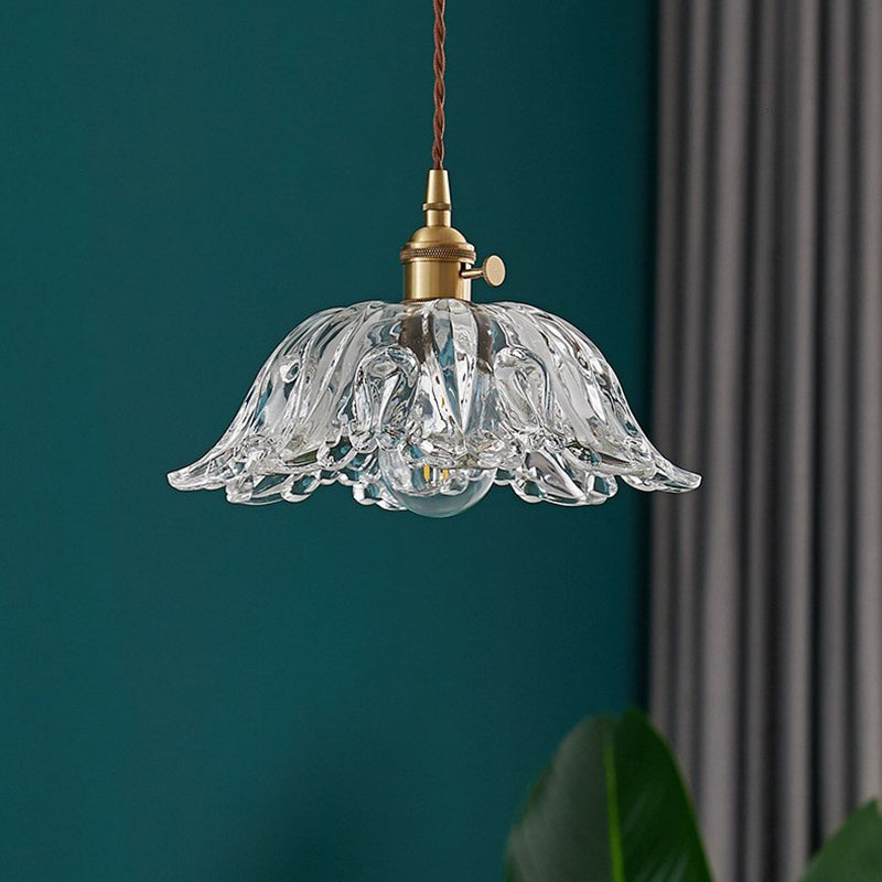 Contemporary Scandinavian Flower Copper Glass 1-Light Pendant Light For Living Room