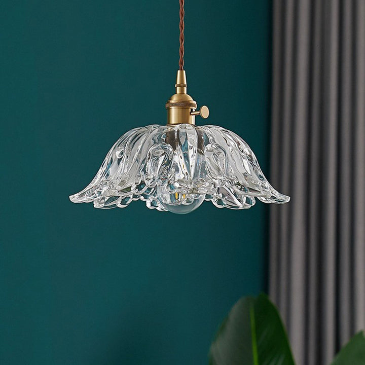 Contemporary Scandinavian Flower Copper Glass 1-Light Pendant Light For Living Room