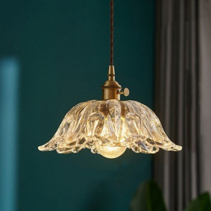 Contemporary Scandinavian Flower Copper Glass 1-Light Pendant Light For Living Room