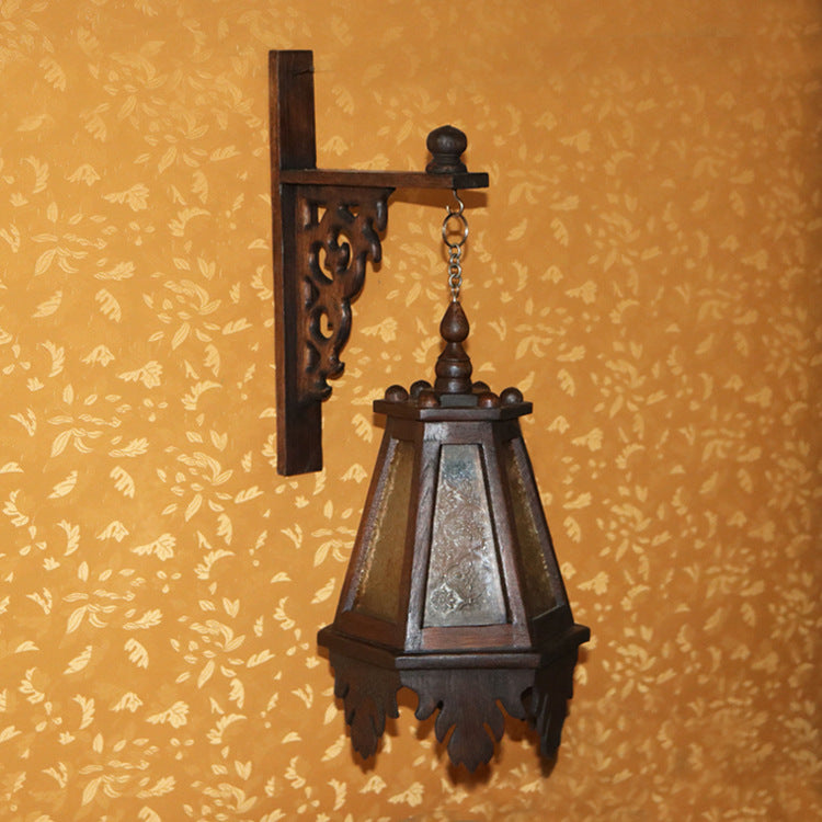 Traditional Rustic Trapezoid Solid Wood Glass 1-Light Wall Sconce Lamp For Living Room