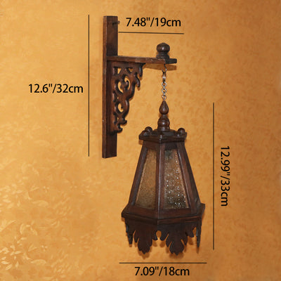 Traditional Rustic Trapezoid Solid Wood Glass 1-Light Wall Sconce Lamp For Living Room