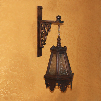 Traditional Rustic Trapezoid Solid Wood Glass 1-Light Wall Sconce Lamp For Living Room