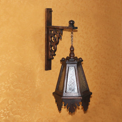 Traditional Rustic Trapezoid Solid Wood Glass 1-Light Wall Sconce Lamp For Living Room