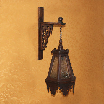 Traditional Rustic Trapezoid Solid Wood Glass 1-Light Wall Sconce Lamp For Living Room