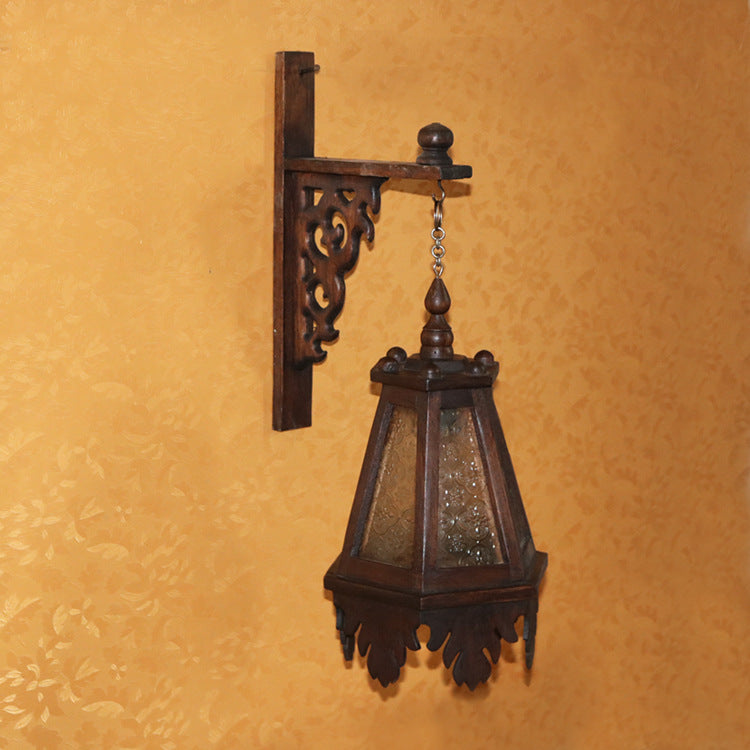 Traditional Rustic Trapezoid Solid Wood Glass 1-Light Wall Sconce Lamp For Living Room