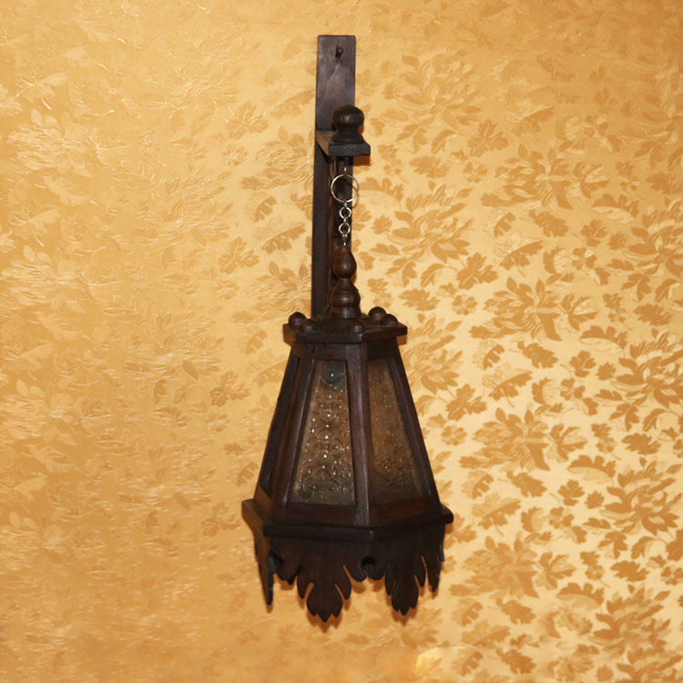 Traditional Rustic Trapezoid Solid Wood Glass 1-Light Wall Sconce Lamp For Living Room