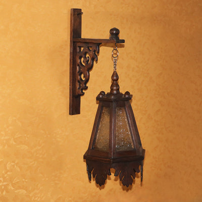 Traditional Rustic Trapezoid Solid Wood Glass 1-Light Wall Sconce Lamp For Living Room