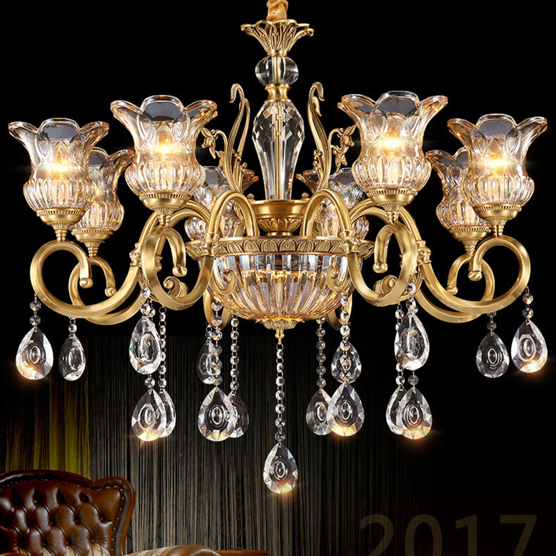 Zeitgenössischer Luxus Tulip Kupfer Kristallglas 3/5/6/8/10/15-Licht Kronleuchter für Wohnzimmer 