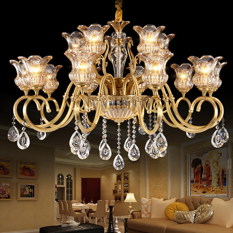 Zeitgenössischer Luxus Tulip Kupfer Kristallglas 3/5/6/8/10/15-Licht Kronleuchter für Wohnzimmer 