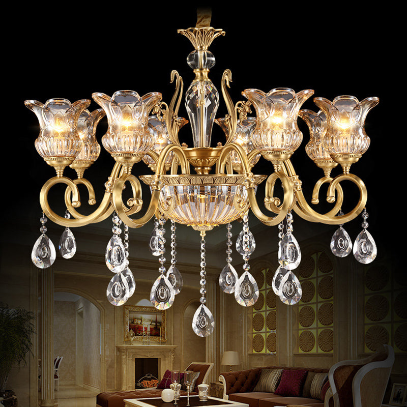Zeitgenössischer Luxus Tulip Kupfer Kristallglas 3/5/6/8/10/15-Licht Kronleuchter für Wohnzimmer 