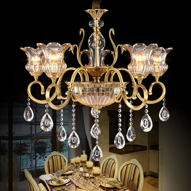 Contemporary Luxury Tulip Copper Crystal Glass 3/5/6/8/10/15-Light Chandelier For Living Room