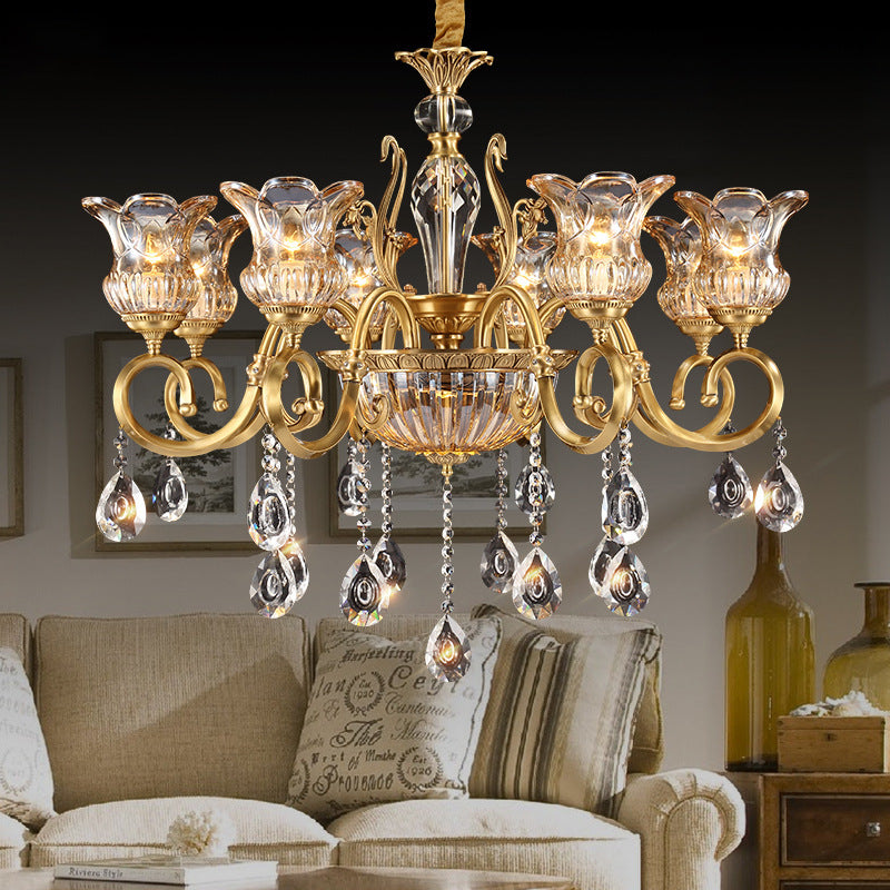 Contemporary Luxury Tulip Copper Crystal Glass 3/5/6/8/10/15-Light Chandelier For Living Room