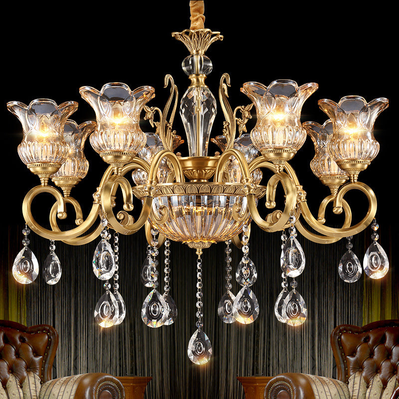 Zeitgenössischer Luxus Tulip Kupfer Kristallglas 3/5/6/8/10/15-Licht Kronleuchter für Wohnzimmer 