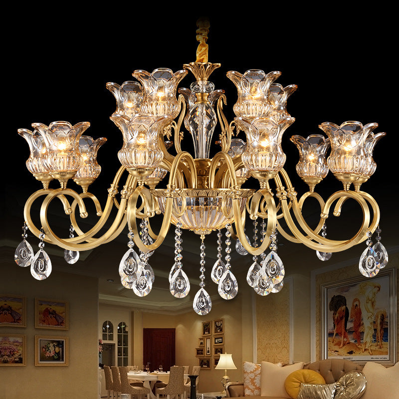 Zeitgenössischer Luxus Tulip Kupfer Kristallglas 3/5/6/8/10/15-Licht Kronleuchter für Wohnzimmer 