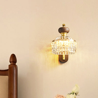 Traditional Luxury Round Acrylic Metal Solid Wood LED Wall Sconce Lamp For Bedroom