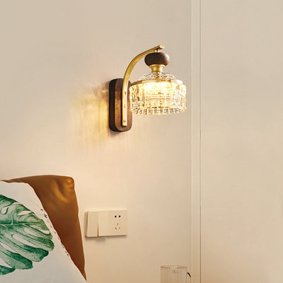 Traditional Luxury Round Acrylic Metal Solid Wood LED Wall Sconce Lamp For Bedroom