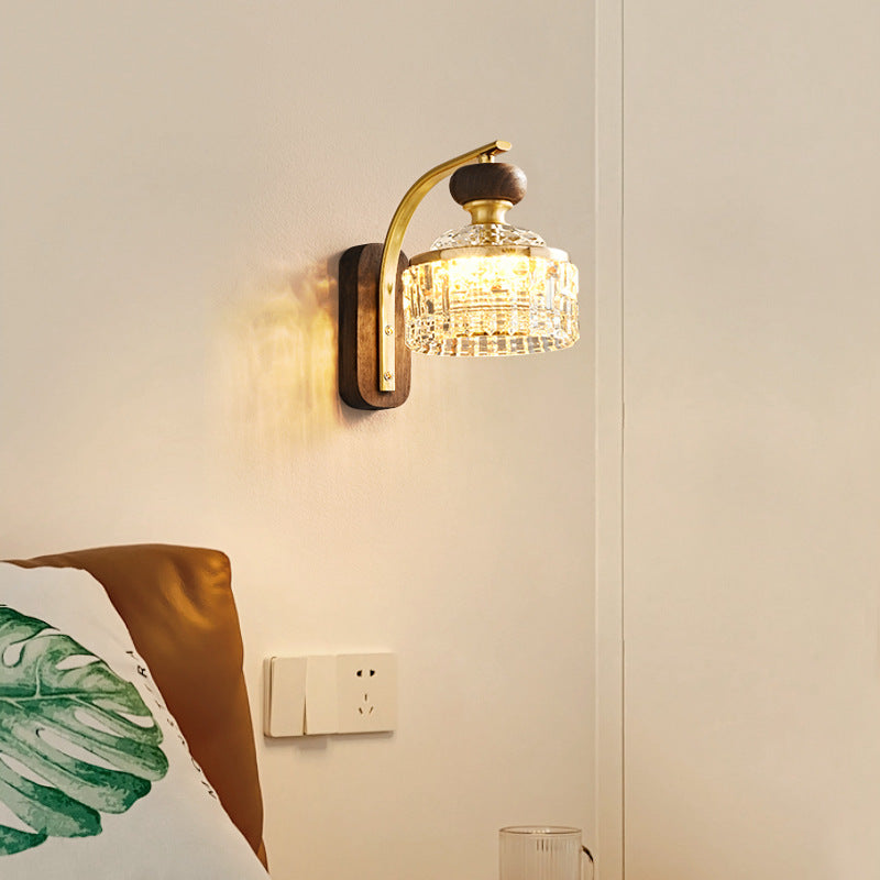 Traditional Luxury Round Acrylic Metal Solid Wood LED Wall Sconce Lamp For Bedroom